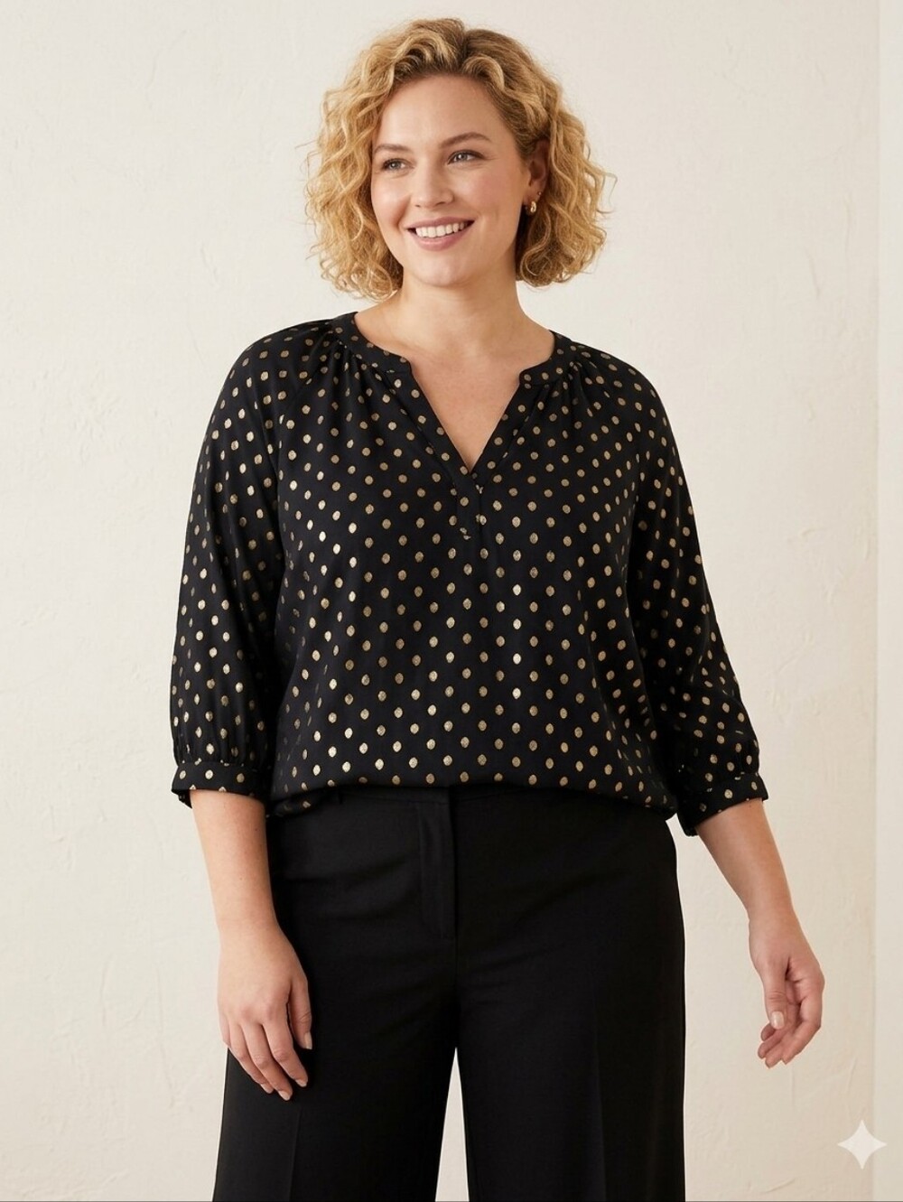 Chelsea & Theodore Black Peasant Blouse with Gold Dot Print